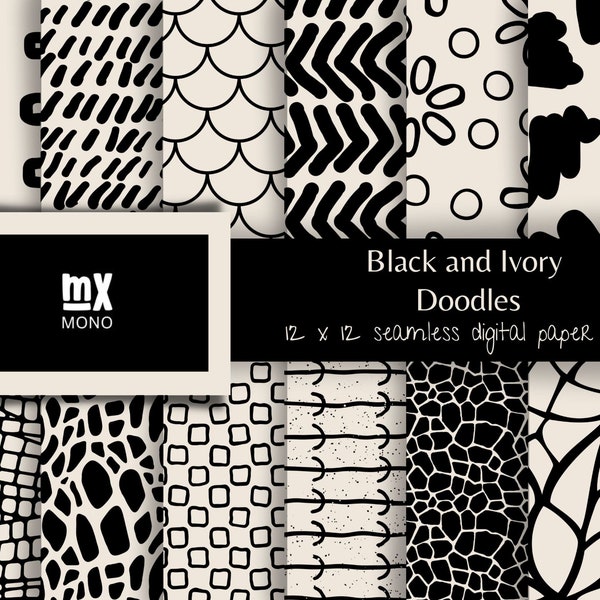 Black & Ivory Digital Paper Set, Seamless Pattern, Boho Patterns, Doodle Backgrounds, Abstract Patterns, Trending Patterns, Printable Paper