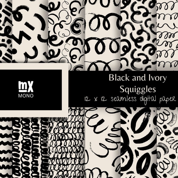 Black & Ivory Digital Paper Set, Seamless Pattern, Boho Patterns, Doodle Patterns, Squiggle Patterns, Trending Patterns, Printable Paper,