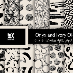 Black & Ivory Digital Paper Set, Seamless Pattern, Boho Patterns, Doodle Backgrounds, Abstract Patterns, Paint Stroke Patterns, Printable