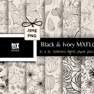 ブラック＆アイボリーのデジタルペーパーセット シームレスパターン ボヘミアンパターン 花柄ペーパー トレンドパターン 印刷可能なオニキスフラワー 花柄ペーパー