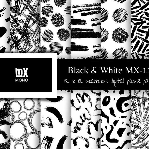 Black & White Digital Paper Set, Seamless Pattern, Boho Patterns, Doodle Backgrounds, Abstract Patterns, Paint Stroke Patterns, Printable