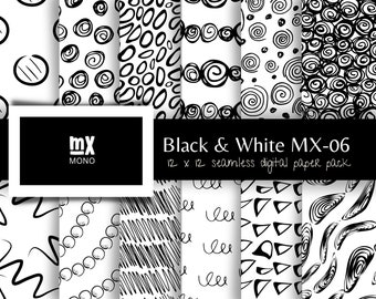 Conjunto de papel digital con patrón de garabatos en blanco y negro (PDF)