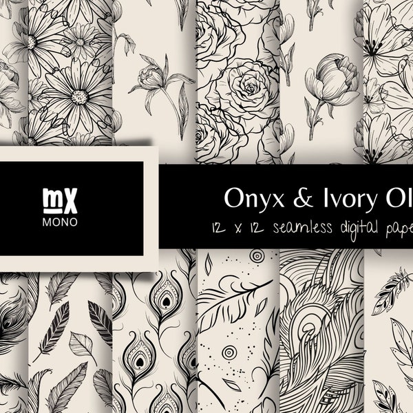 Black & Ivory Digital Paper Set, Seamless Pattern, Boho Patterns, Floral Paper, Feather Paper, Trending Patterns, Printable, Onyx, Flowers