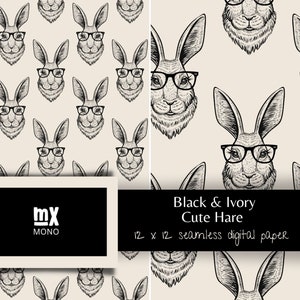 Black & Ivory Digital Paper, Cute Hare, Hare Seamless Pattern, Seamless Pattern, Hare Drawing, Hare in Glasses, Trending Pattern, Printable