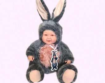 Vintage Anne Geddes Baby Rabbit Doll | 2002 12" Gray Bunny Collectible Baby Doll Plush Toy *Vintage Condition - See Description*