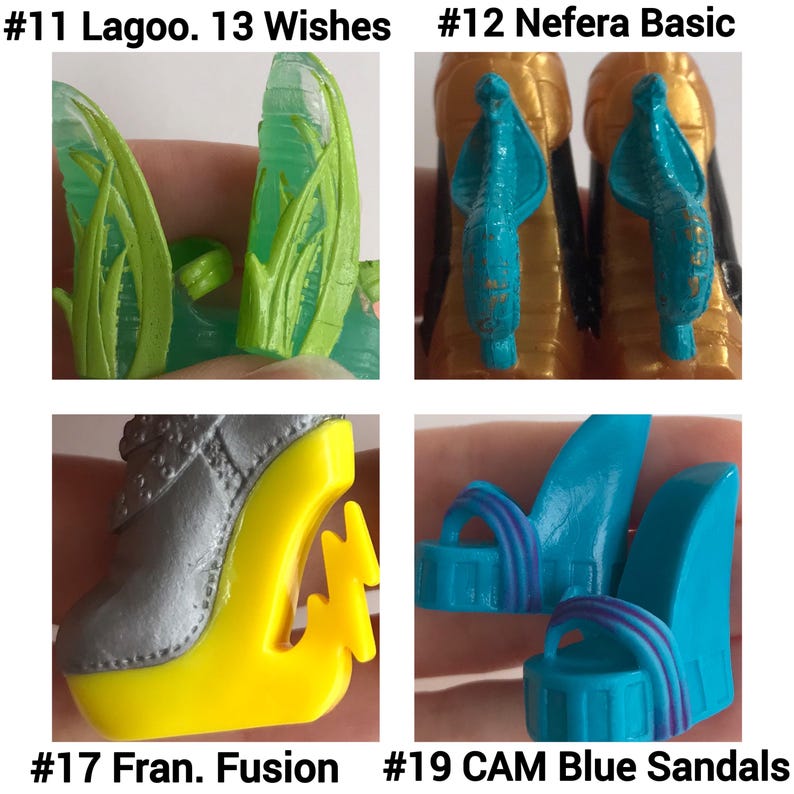 May include: Four pairs of doll shoes: #11 Lagoo. 13 Wishes translucent green seaweed-themed heels, #12 Nefera Basic gold heels with blue cobra accents, #17 Fran. Fusion silver and yellow lightning bolt wedges, and #19 CAM Blue Sandals with purple stripes.
