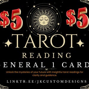 Könnte beinhalten: Eine schwarze Grafik mit einer Sonnenillustration mit Gesicht, umgeben von himmlischen Mustern. Der Text lautet: $5 TAROT READING GENERAL 1 CARD. Unlock the mysteries of your future with insightful tarot readings for clarity and guidance. LINKTR.EE/JKCUSTOMDESIGNS.