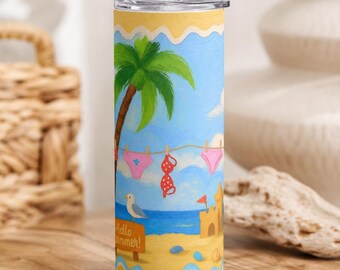 Aquarell Hallo Sommer Skinny Tumbler Wrap PNG | Strand Sommer Sublimationsdesign | 20 Unzen Skinny Tumbler Vorlage | Küsten Aquarell Digital