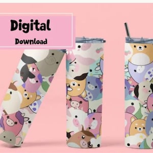 Squishmallow Tumbler WRAP, 20 oz Skinny Tumblers, Cute Cats & Dogs Sublimation, Seamless Rainbow Squishmallow PNG, Digital Download