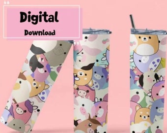 Squishmallow Tumbler WRAP, 20 oz Skinny Tumbler, niedliche Katzen & Hunde Sublimation, nahtloser Regenbogen Squishmallow PNG, digitaler Download