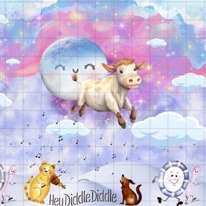 Könnte beinhalten: Eine fantasievolle Illustration einer Kuh, die über den Mond springt, vor einem Hintergrund aus Sternenhimmel. Der Mond hat ein lächelndes Gesicht und die Kuh ist weiß mit braunen Flecken. Der Text "Hey Diddle Diddle" steht am unteren Rand des Bildes.