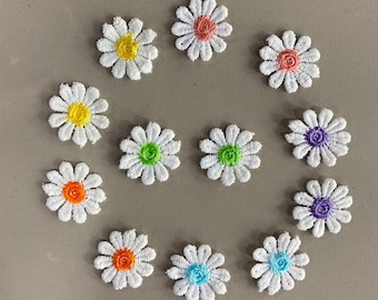 50 Mini Daisy Appliques: 1 Inch Sew-On Embroidered Flower Patches, White with Colored Centers