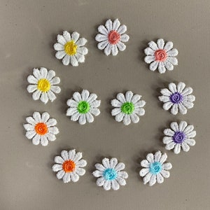 May include: Twelve white daisy-shaped fabric appliques with different colored centers. The centers are yellow, orange, pink, red, green, blue, purple, and turquoise.