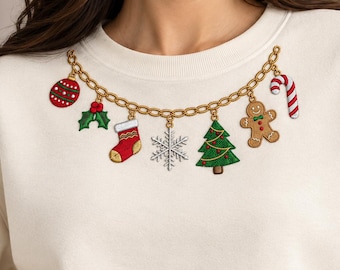 Christmas Charm Necklace Embroidery Design, Faux Gold Chain, Holiday Sweater (Digital Download)