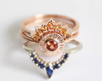 wedding ring set, Sunset engagement set, Orange & blue sapphire set, nature inspired set, sapphire wedding ring.