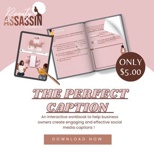 Pode incluir: Um livro de trabalho digital intitulado "The Perfect Caption" com um fundo rosa. O livro de trabalho está aberto em uma página com instruções sobre como escrever a legenda perfeita para as redes sociais. O livro de trabalho está em um tablet com um lápis marrom ao lado. O texto "Only 5,00 €" está em um círculo marrom no lado direito da imagem.