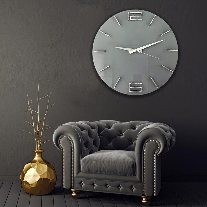 Tempered Glass Wall Clock, Metalic Stones Wall Clock, Housewarming Gift