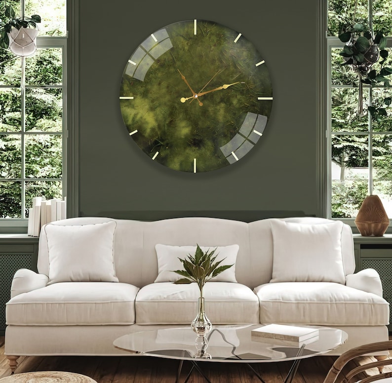 Large Wall Clock, Nature Wall Clock, Tempered Glass Wall Clock, Housewarming Gift, Modern Clock for Living Room image 1