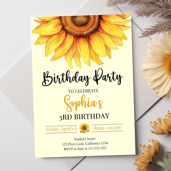 Editable Sunflower Birthday Invitation Template, Birthday Party Invitation for Kids, Boho Sunflower Invite - instant digital download