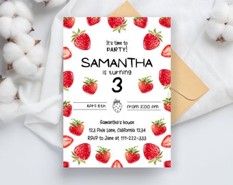 Editable Strawberry Birthday Party Invitation Kids Strawberry Birthday Girl Berry Download Printable Invite Template 134-STR