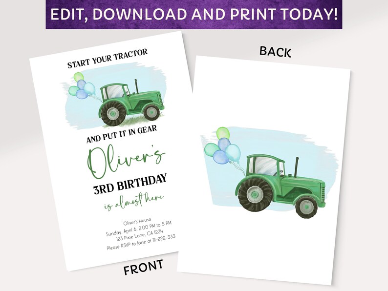 Editable Tractor Birthday Invitation, First Birthday Tractor Invitation