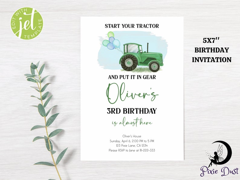 Editable Tractor Birthday Invitation, First Birthday Tractor Invitation
