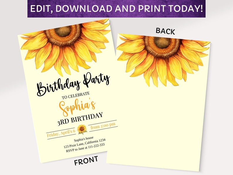 Editable Sunflower Birthday Invitation Template, Birthday Party ...