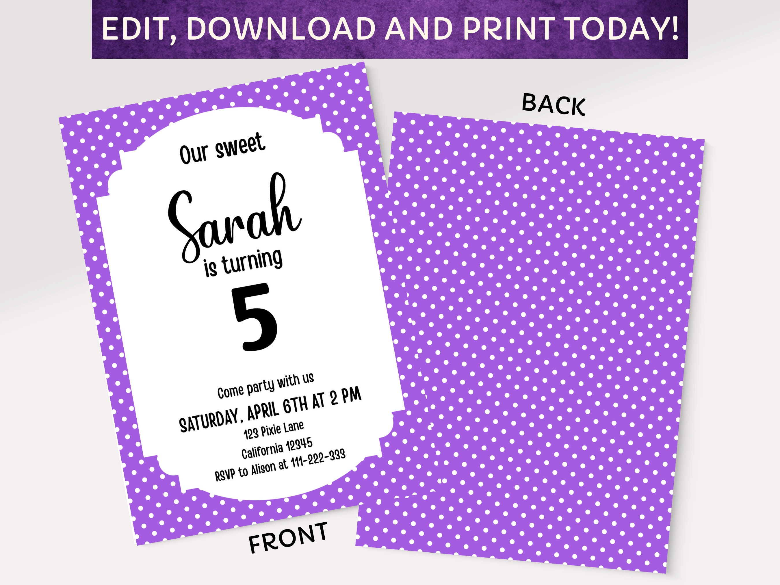 Editable Purple Polka Dots Birthday Invitation Polka Dots Invitation ...