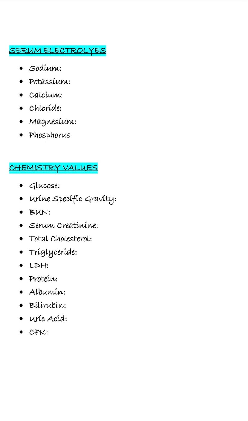 Normal Lab Values Practice Sheet Etsy