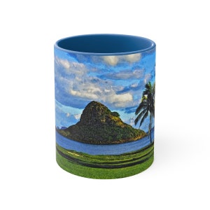 Taza de café cerámica 11oz Dos tonos acentuados, mango C, acabado brillante, sombrero de chino, isla, Oahu, Hawái, arte de surf firmado