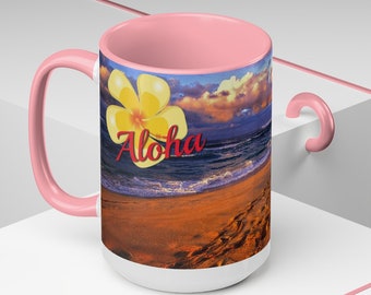 Coffee Mug 15 oz Ceramic two tone accented, C Handle, glossy finish, Sunset Beach, Oahu, Hawaii Magic Hour Signed Surf Art