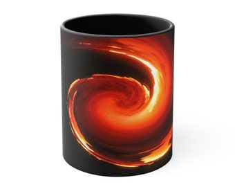 Coffee Mug 11 oz Ceramic two tone accented, C Handle, Blazing Hawaiian Volcanic Energy, Signed Surf Art