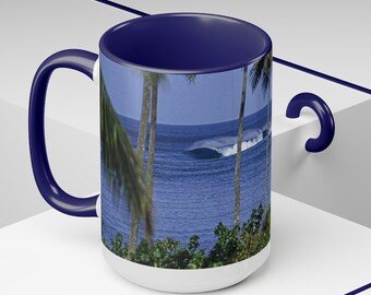 Coffee Mug 15 oz Ceramic two tone accented, C Handle, glossy finish, Moorea Tahiti Signed Surf Art