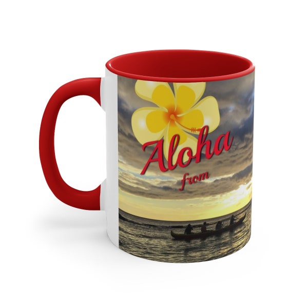Coffee Mug 11 oz Ceramic two tone accented, C Handle, Hawaiian Outrigger Canoe, Oahu Hawaii Surf Art