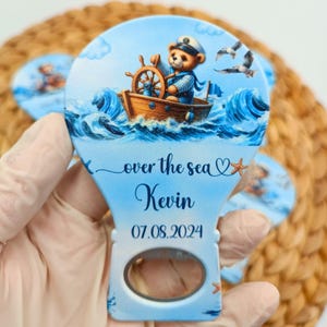 Apribottiglie personalizzato a tema marinaio per baby shower, ideale per compleanni o battesimi, perfetto come bomboniera per neonati maschi