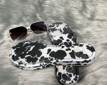 cow print double bow sandals