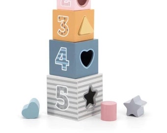 Geometric Wooden Boxes | Blocks Stacker, Stacking & Nesting Educational Tower with Shapes, Pictures of Animals and Numbers for Toddlers