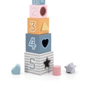 Geometric Wooden Boxes | Blocks Stacker, Stacking & Nesting Educational Tower with Shapes, Pictures of Animals and Numbers for Toddlers