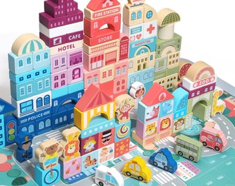 Wooden Building Block Set for Toddlers, Jigsaw Puzzle City Map, 181pcs - 11 Buildings (3 Extra Bonus: Circus, Zoo & Construction Site)