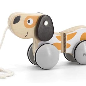 Pull-A-Long Puppy Wooden Toy for Toddlers, Rubber Rimmed Wheels for Easy Push and Pull Action