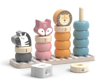 Geometric Wooden Animal Stacker, Stacking & Nesting Educational Stacking Tower with Rings and Animals for Toddlers