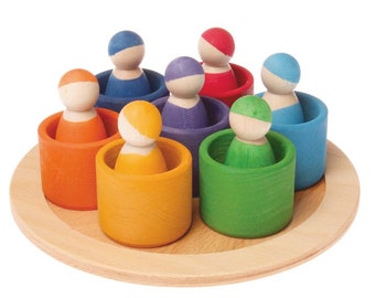 Rainbow '7 Friends' Set of Wooden Sorting & Matching Rainbow Peg Dolls with Round Tray