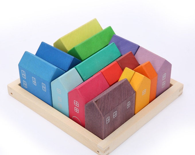 Rainbow Large 15 Piece Rainbow Blocks 'Little Houses', Wooden Toys for Kids, Geometric Stacking Educational Building Block Set