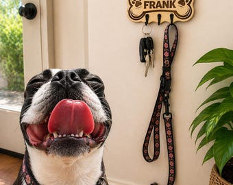Personalized Wooden Dog Leash Holder | Custom Pet Name Wall Hook, Key Organizer