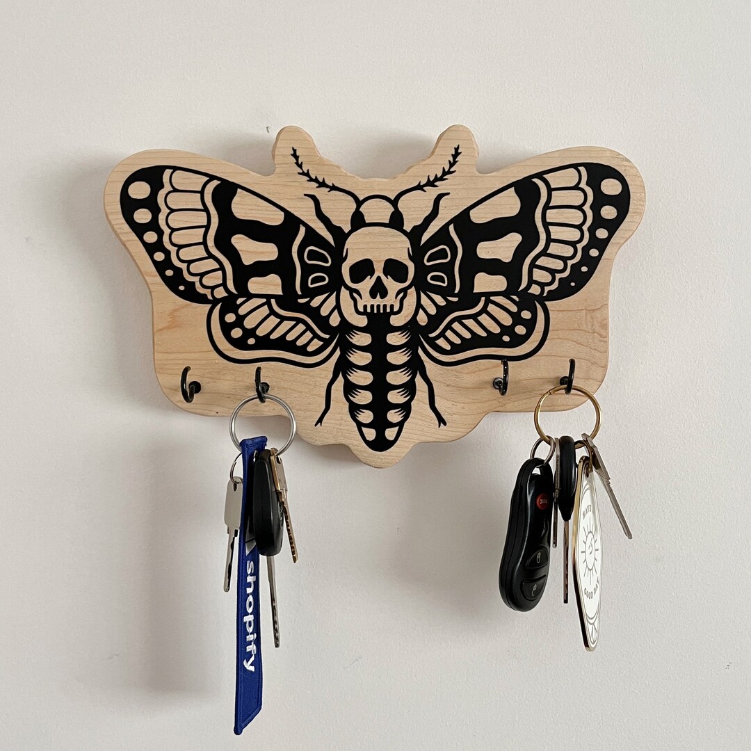 Moth Key Racks Death Moth Key Holder in Hardwood Maple or Walnut in Tattoo Style - Etsy