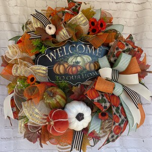 Fall Welcome Wreath, a mesh pumpkin wreath, Fall decor, Pumpkin decor, front door decor,