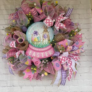 Easter wreath , spring time decorations, Bunny wreath , door decor, pink Easter globe, pink Easter  decor