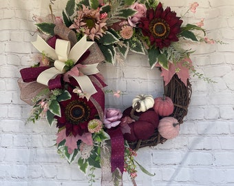 Pink Sunflower Fall Wreath, Velvet Pumpkins, Mauve Floral Decor