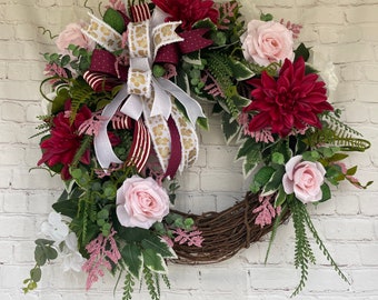 Pink floral wreath, home decor, door decor, floral grapevine wreath, birthday gift, wedding gift