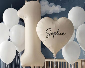 Set di palloncini numero 1 beige opaco + palloncino a cuore + 10 palloncini bianchi | Decorazione per il 1° compleanno